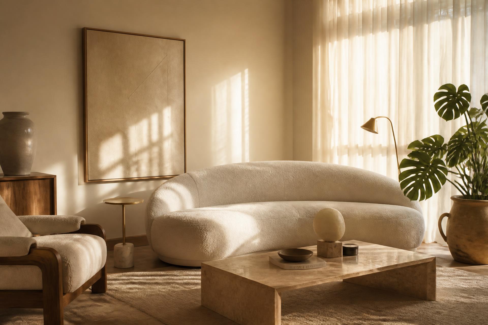 Sala de estar com sofá em bouclé, mesa de centro em travertino e iluminação natural